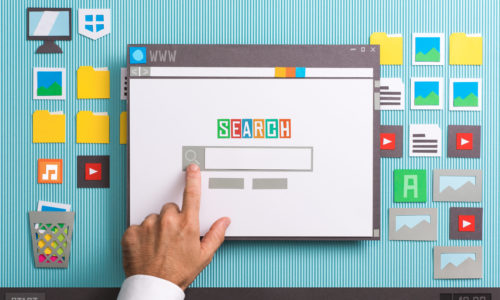Search engine home page Search engine home page with search bar on a browser window, a user is entering a query, collage and paper cut composition